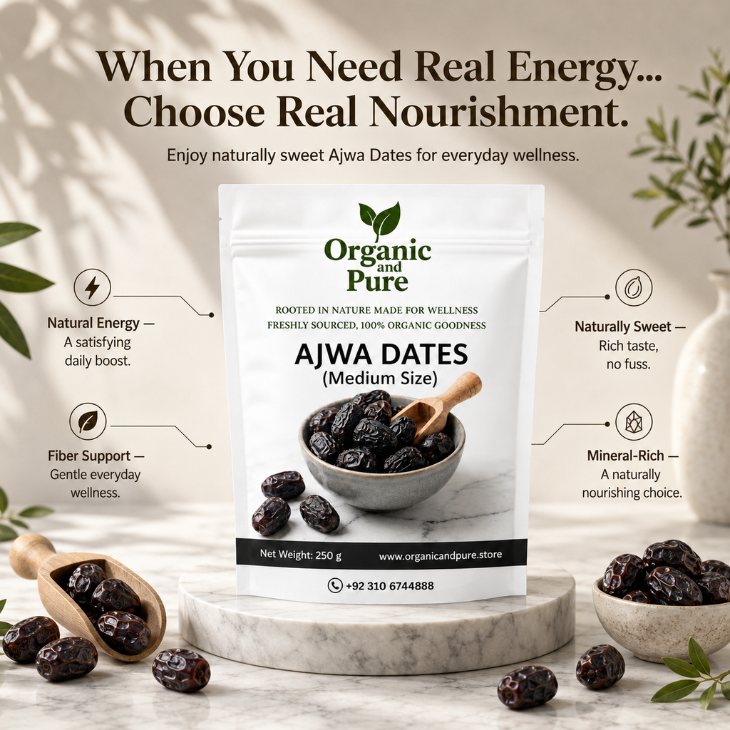 Ajwa dates 250gm Pack are soft dry, medium-size dates