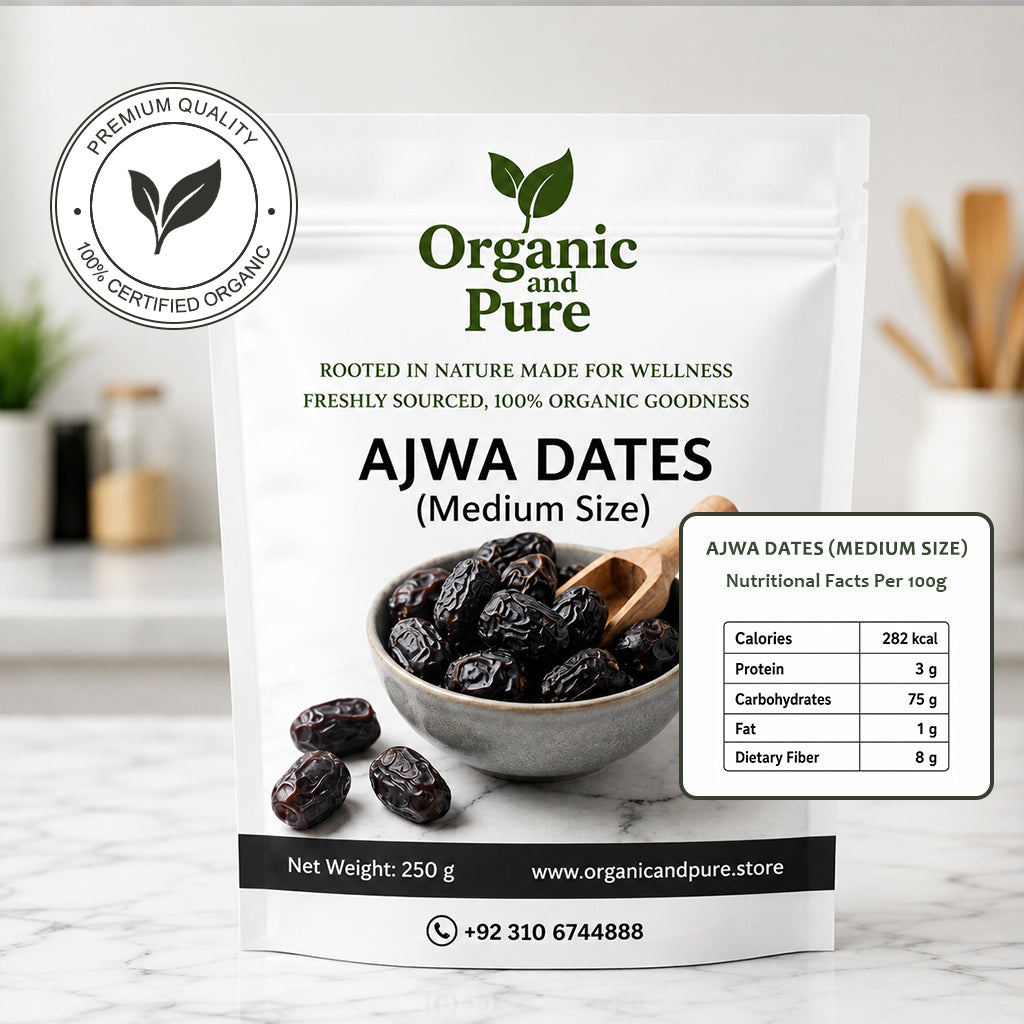 Ajwa dates 250gm Pack are soft dry, medium-size dates