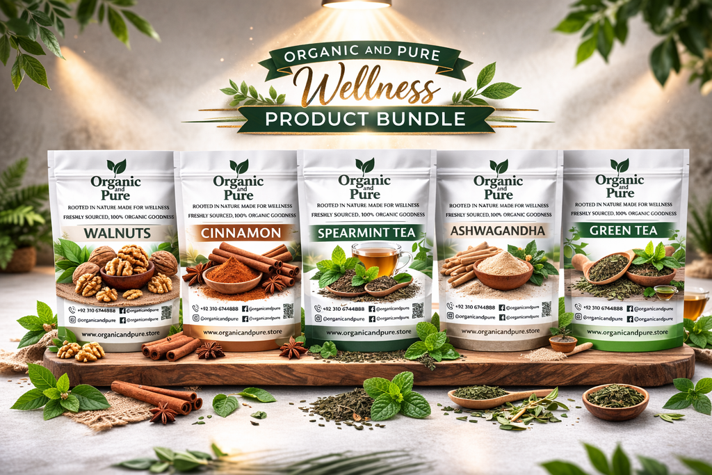 Organic Wellness Bundle – Walnuts, Cinnamon, Spearmint, Ashwagandha & Green Tea | Organic & Pure