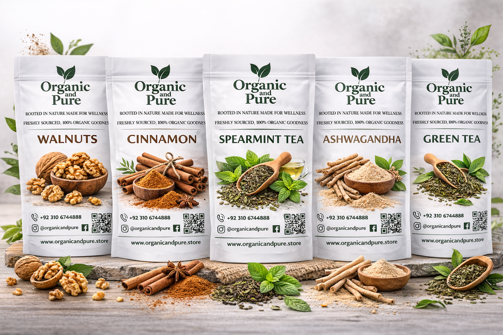 Organic Wellness Bundle – Walnuts, Cinnamon, Spearmint, Ashwagandha & Green Tea | Organic & Pure